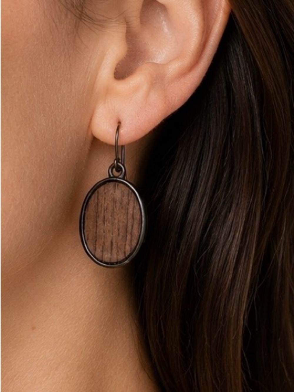 NWOT - Handmade Brown Faux Wood Grain Oval Dangle Earrings Antique Bronze Tone